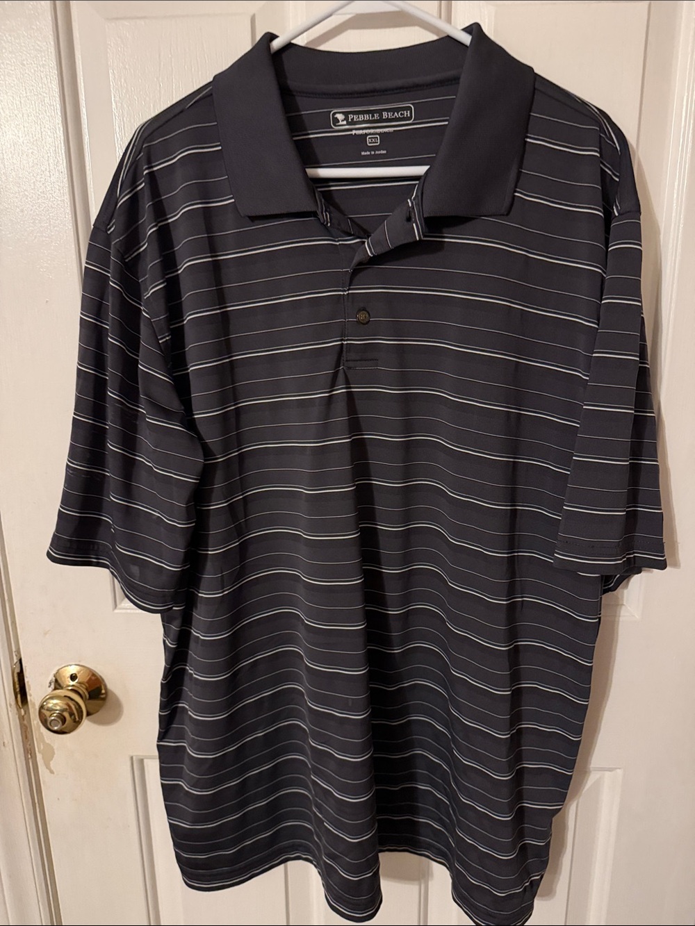 Pebble Beach Men's Black Polo with Thin White Stripes